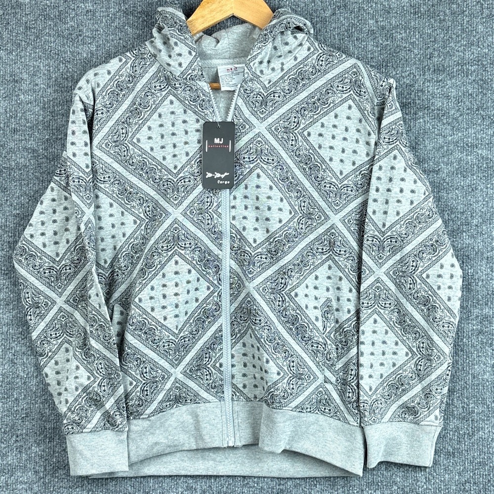 Bandana Paisley Allover Print Hooded Jacket Womens Sz 12 NWT Gray Streetwear AOP